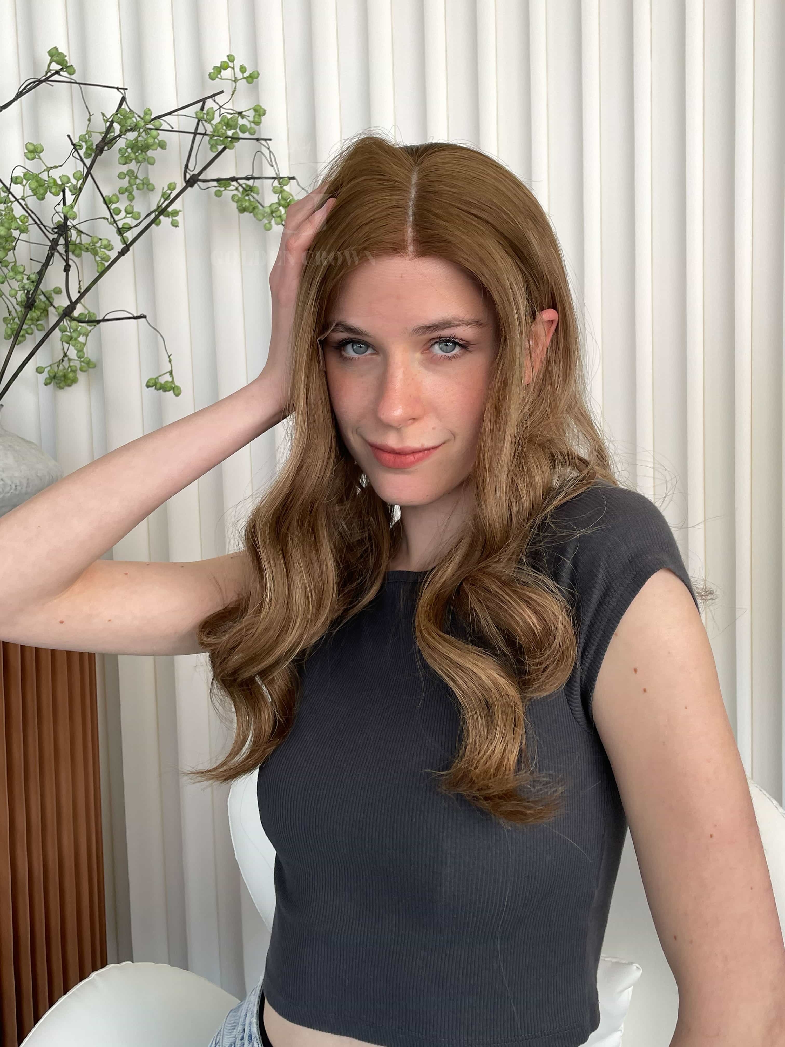 Sophie Lace Top Base 100% Human Hair Wigs Model Front View GoldenCrownWigs.com